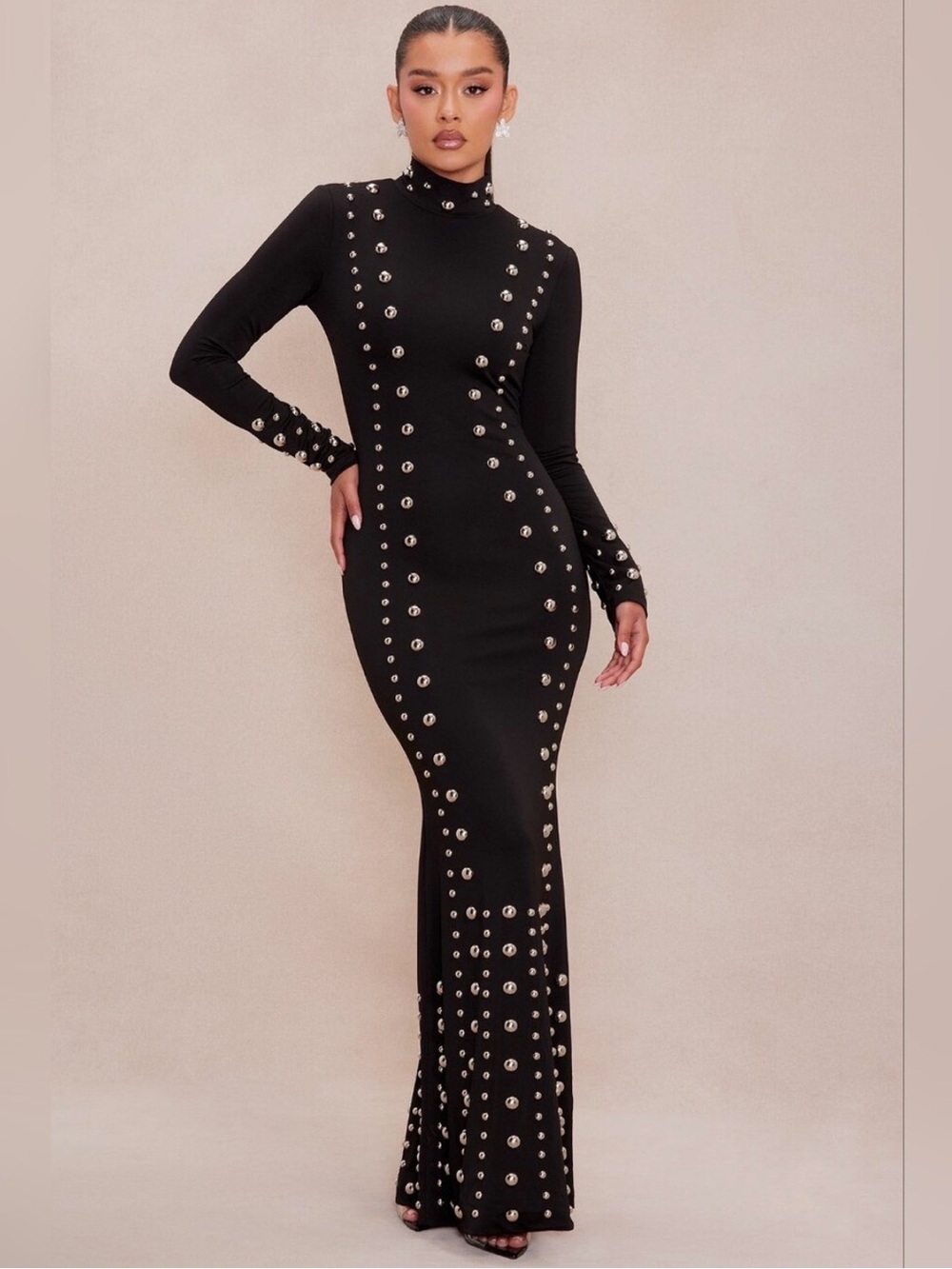 Fashion Nova Luxe Black Long Sleeve Studded Maxi Dress